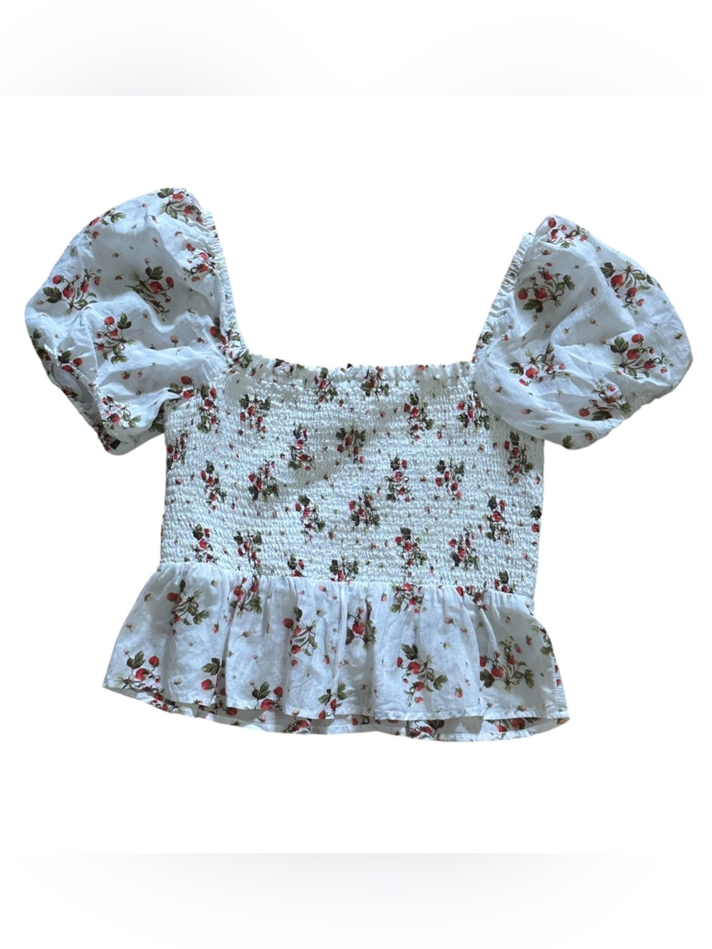 J Crew White Smocked Strawberry Crop Top Women Sz S